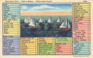 TIME SAVER CARD~TIME IS MONEY~SAILBOATS ON WATER 1940s POSTCARD