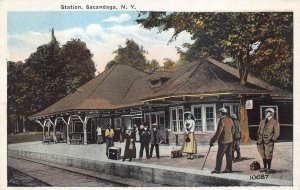 RAILWAY STATION TRAIN DEPOT SACANDAGA NEW YORK POSTCARD (c. 1910)