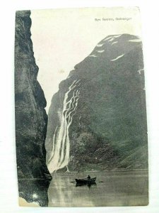 Vintage Postcard Syv Sostre Geiranger Mountain Water Boat