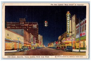 c1940 Best Lighted Main Street Polk Street Night Road Amarillo Texas TX Postcard