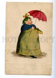 3161228 COMIC Fat Woman w/ FISH & UMBRELLA Vintage colorful PC