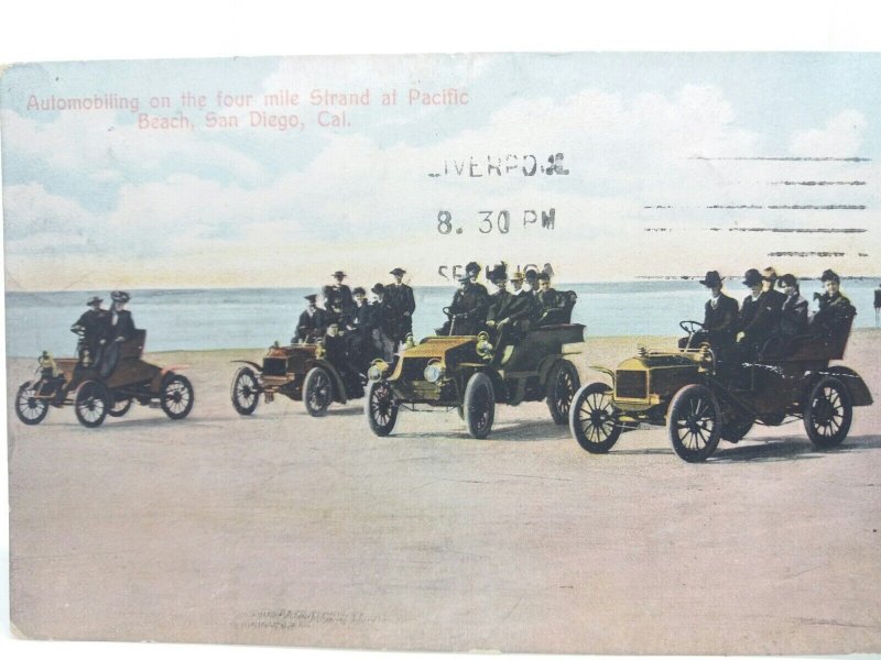 Automobiling the Four Mile Strand Pacific Beach San Diego USA Vtg Postcard 1910