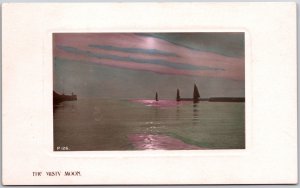 The Misty Moon Hand Colored Sail Boats Painting Twilight Postcard