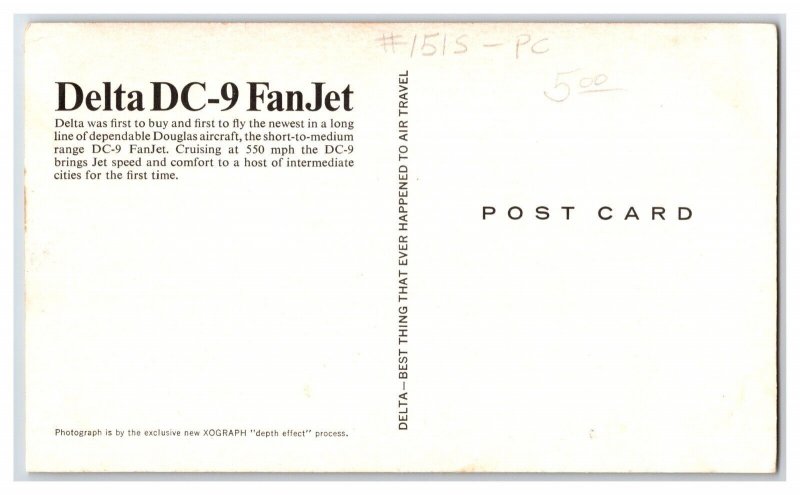 Delta Airlines DC-9 FanJet Lenticular 3-D Xograph UNP Long Postcard O21