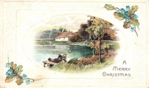 Vintage Postcard Merry Christmas Winter Landscape Cabin By The Lake Greetings