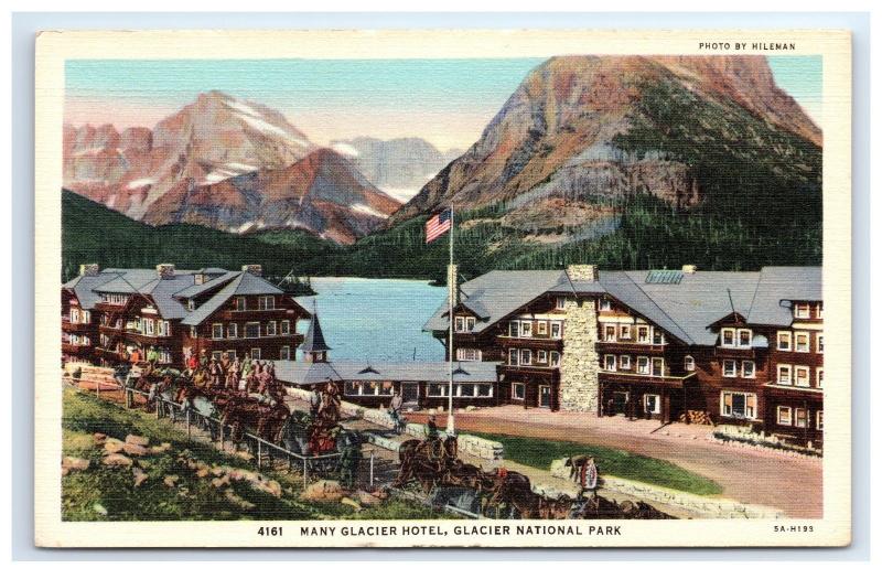 Postcard Many Glacier Hotel, Glacier National Park, MT linen unposted D2