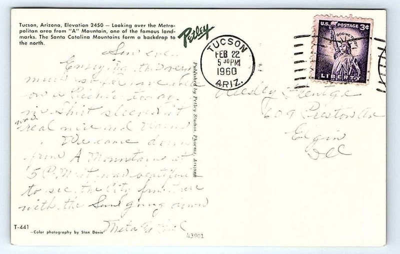 TUCSON, AZ Arizona ~ BIRDSEYE VIEW of CITY 1960 Postcard