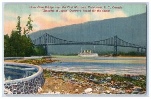 1941 Lions Gate Bridge First Narrows Vancouver B.C. Canada Vintage Postcard
