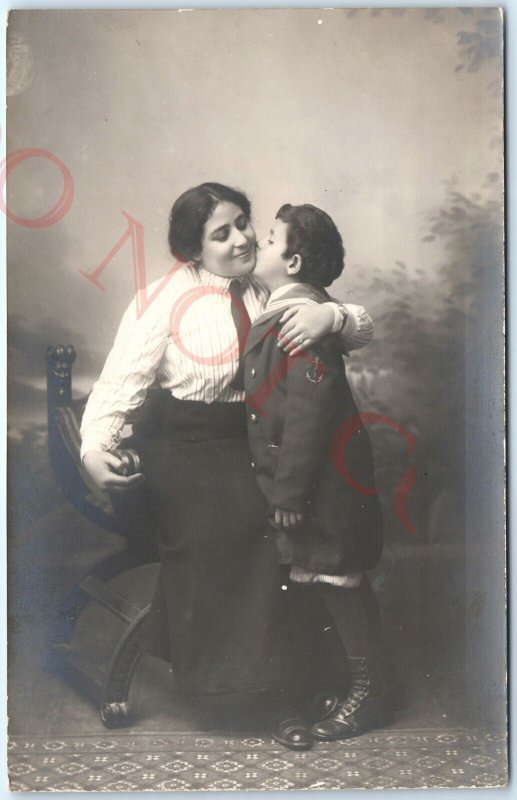 c1910s Child Kiss Mother RPPC Boy Nautical Maritime Sailor Uniform Photo A140