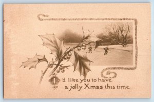 Gibson Postcard Christmas Children Ice Skating Holly Berries Bristol Vermont VT