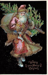 Gorgeous Santa Claus Carrying Tree Toys Gold Gilt Embossed Germany c1910 P30 