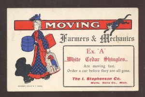 WELLS MICHIGAN FARMERS & MECHANICS MOVING WOMAN ADVERTISING POSTCARD 1906