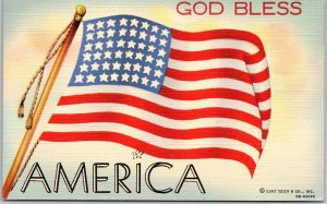 God Bless America With Flag Linen Card Postcard