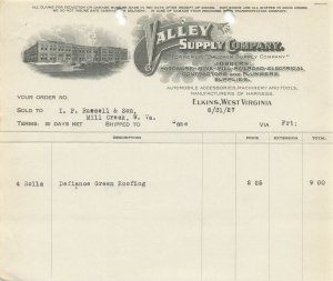 ELKINS WV~VALLEY SUPPLY COMPANY-HARDWARE-MINE-MILL-RAILROAD SUPPLY~1927 BILLHEAD