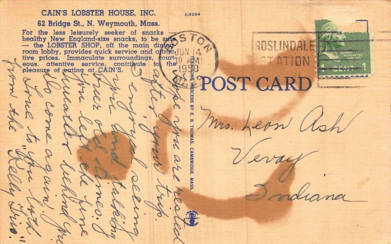 Linen Postcard Cain's Lobster House in North Weymouth, Massachusetts~117663