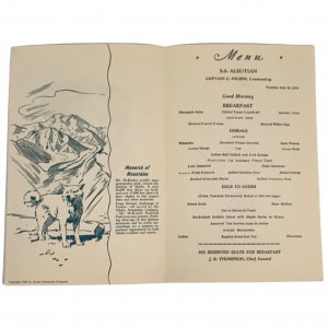 1949 Alaska Steamship Line S.S. Aleutian Breakfast Menu - Sled Dog Portrait