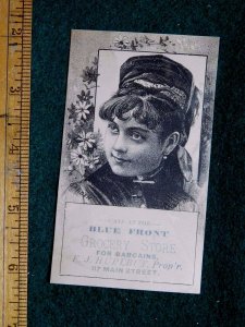 Victorian Trade Card Blue Front Grocery Store Lovely Actress Garden F40