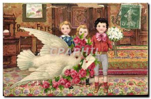 Old Postcard Fantasy Flowers Dove Children