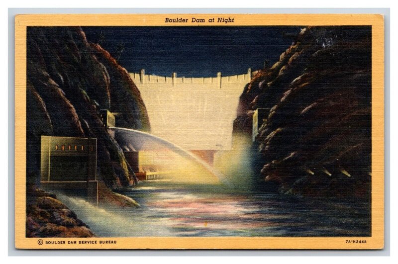 Night View Boulder Dam Nevada NV Arizona AZ UNP Linen Postcard S13