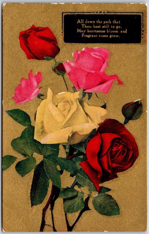 Best Wishes Red Pink Yellow Roses Flower Bouquet Greetings Postcard 