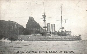 RPPC Photo British Royal Navy HMS Montagu on Rocks at Isle of Lundy