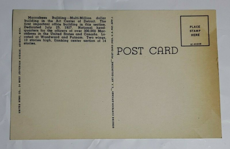 Vintage Postcard Maccabee Building Detroit Michigan Woodward Putnam Linen Unpost