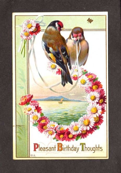 Pleasant Birthday Thoughts Greetings Postcard Love Birds Flowers White Pink