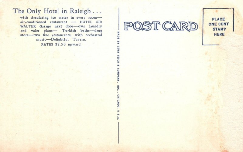 Vintage Postcard Hotel Sir Walter Robert Meyer Radio In Every Room Raleigh NC 