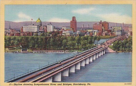 Pennsylvania Harrisburg Skyline Showing Susquehanna River And Bridges