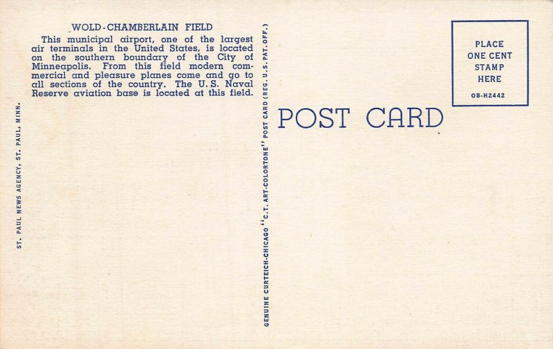 Wold-Chamberlain Field, St. Paul-Minneapolis, Minn., Early Postcard, Unused