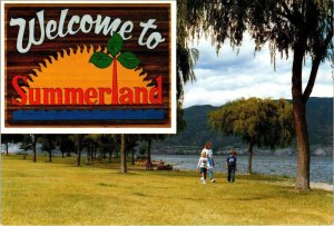 Summerland, BC Canada  WELCOME SIGN Mother & Kids Walking By Lake  4X6 Postcard