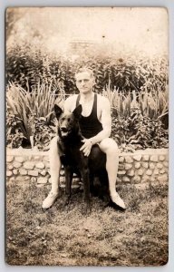 RPPC Sexy Man In Tank Shirt Posing with Beautiful Shepherd Dog Postcard D44