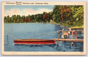 Coldwater Michigan~Fisherman Prepare Rowboat on Morrison Lake Dock~1949 Postcard