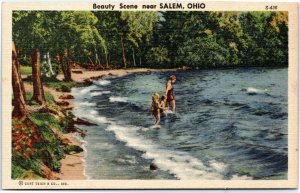 postcard Beauty Scene near Salem, Ohio - Lake Scenes S436 - mom with kids