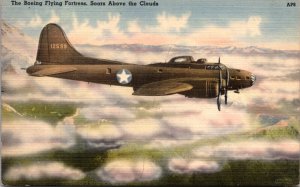 Linen Postcard The Boeing Flying Fortress, Soars Above The Clouds