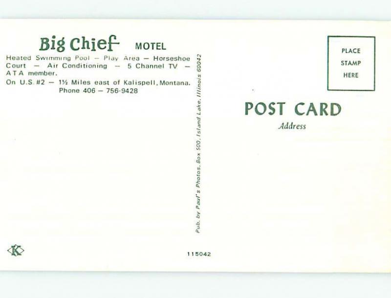 Unused Pre-1980 BIG CHIEF MOTEL Kalispell Montana MT n7821