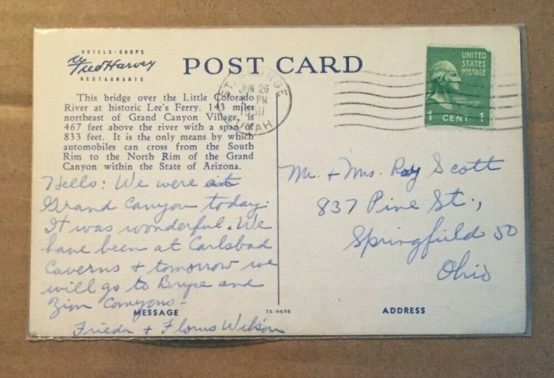 1950 .01 USED LINEN PC - NAVAJO BRIDGE OVER COLORADO RIVER, MARBLE CANYON, AZ.