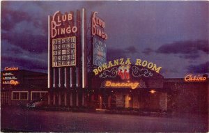 Postcard 1960s Nevada Las Vegas Club Bingo US 91 Night Neon Roberts NV24-355