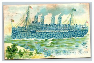 Vintage 1907 Birthday Postcard Blue Flower Steam Ship 4 Leaf Clovers