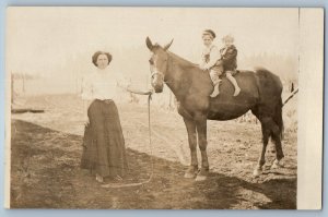 c1910's Mother Little Kids Riding Horse Scene Field RPPC Photo Antique Postcard