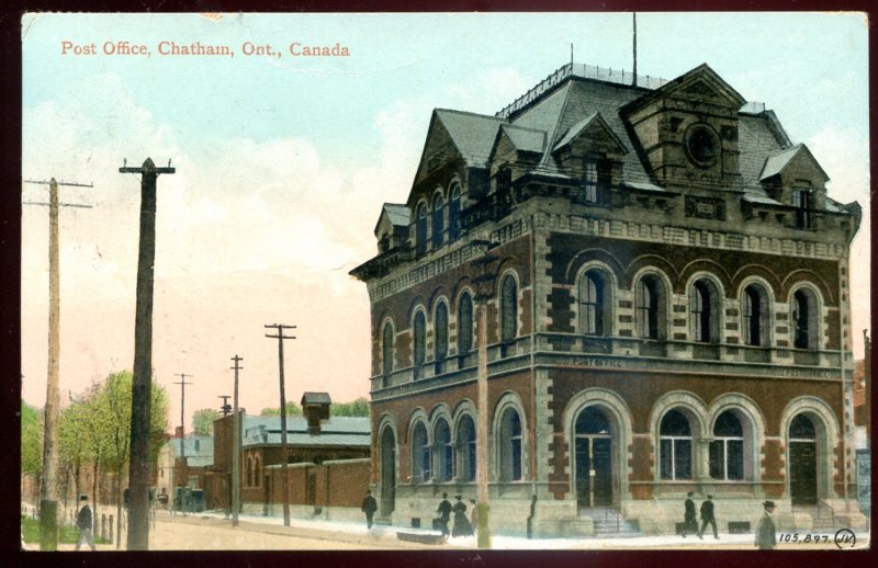 dc86 - CHATHAM Ontario Postcard 1913 Post Office