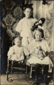 Stockport OH Cancel Kids Girls w/ Doll & Teddy Bear 1908 Real Photo Postcard