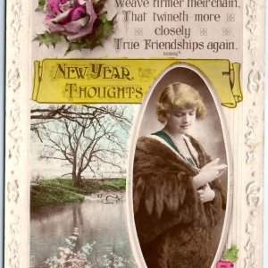 c1910s New Year RPPC Embossed Hand Colored Rondelay Poem Real Photo Postcard A98