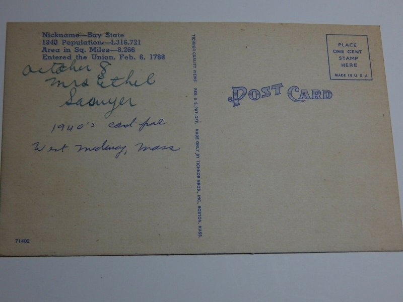 Vintage 1940s GREETINGS FROM MASSACHUSETTS Large Letters Postcard