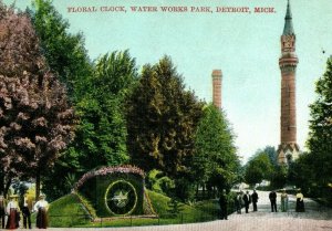 Circa 1900-07 Floral Clock, Water Works , Detroit, Michigan Vintage Postcard P12