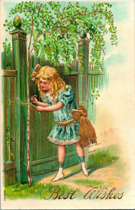 Vtg Postcard 1900s Embossed & Gilded Best Wishes Girl Tying Bow w Gold String