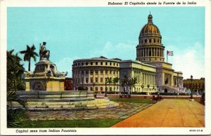 Vintage 1930's Capitol Seen From Indian Fountain Havana Cuba Linen Postcard