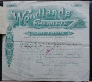 Woodlands Chemists Ltd. share certificate dated 1935, green & ornate