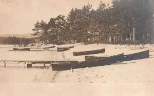 Vintage Postcard View Along The Bay Boats Big Trees On The Background