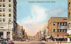 Broadway Looking South Aurora Illinois 1948 linen postcard